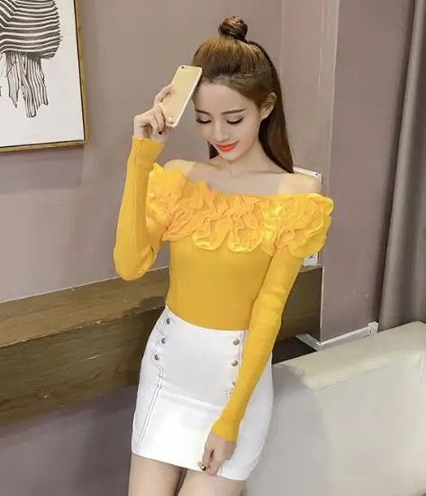 Yellow Модные женские свитера желтого, черного, белого цвета, розовые топы с цветочным рисунком, лоскутные пуловеры, женская тонкая сексуальная трикотажная одежда с открытыми плечами для женщин - Цвет: Yellow