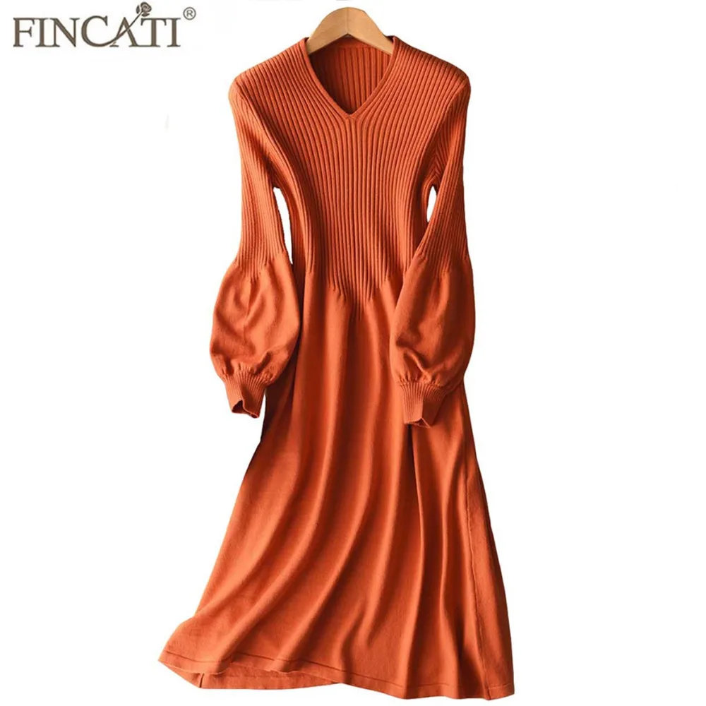 Spring Autumn Dresses Women 2018 Cashmere Blending Stripes Knitted V Neck Lantern Sleeve Slim Midi Long