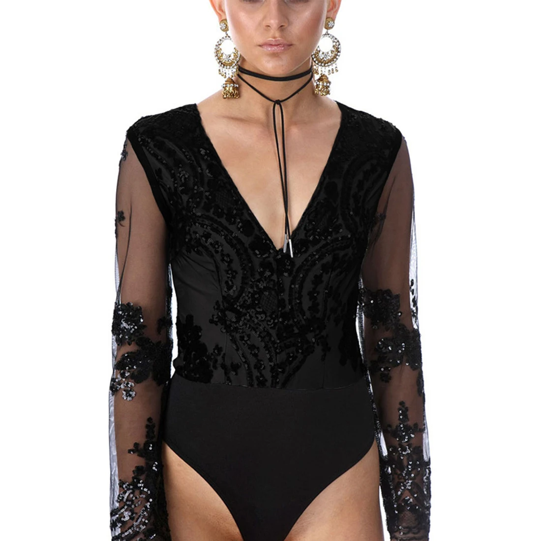 Sexy Lace Embroidery Bodysuit Women Gold Sequined Elegant Fashion Deep