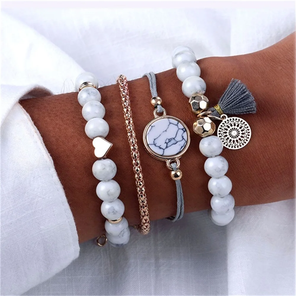 

VOVA 4 Pce/set Boho Natural Stone Beaded Rope Fringe Heart Round Golden Chain Bracelet Set Women Exquisite Party Jewelry