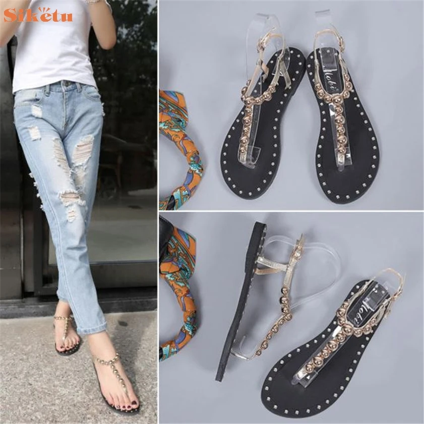 

Hot Sale Fashion Women Sandals Flat Beaded Sandals Flip Solid wholesale