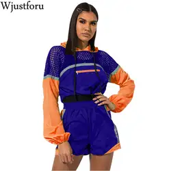 Wjustforu модные сетчатые спортивный костюм пэчворк для женщин укороченный топ с длинными рукавами + фитнес шорты для осенняя одежда ажурные из