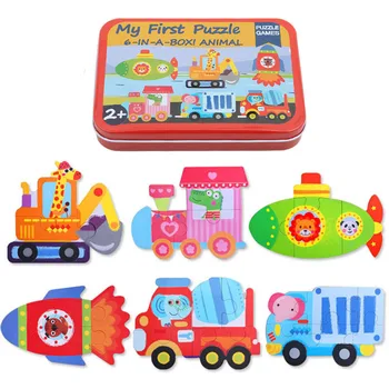 

6 In 1 Iron Box Cartoon Animals Wooden Puzzle For Children Montessori Early Educational Toys Baby Toys Gifts For Kids