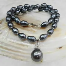 Teardrop Темно-Серый Akoya Культивированный Shell Жемчужное Ожерелье Серьги и 16 мм Подвеска AAA Серебряный Крюк