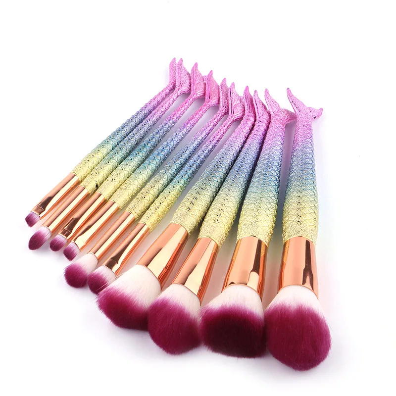 

10pcs Sets Mermaid Brushes Glitter Makeup Sets Colorful Fish Tail Powder Foundation Eye Lip Contour Brushes Kit Cosmetic Tool