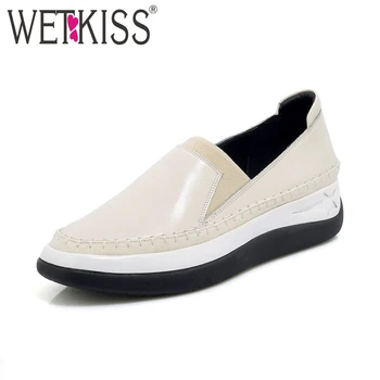 

WETKISS 2018 Women Flats Patchwork Platform Slip On Square Toe Footwear Spring Ladies Shoes New Casual Genuine Leather Shoes