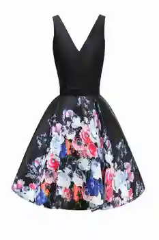 

Fashion Floral Print Deep V-neck Cocktail Dress A-Line Backless Short Gradutaiton Gowns Sleeveless Party Dress for Teens