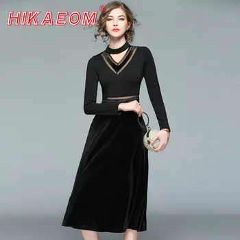 

2018 New Sexy Choker Spring Slim Midi Dress With Velvet Fashion Dress Autumn Winter V Neck A Line Long Sleeve Women Dresses