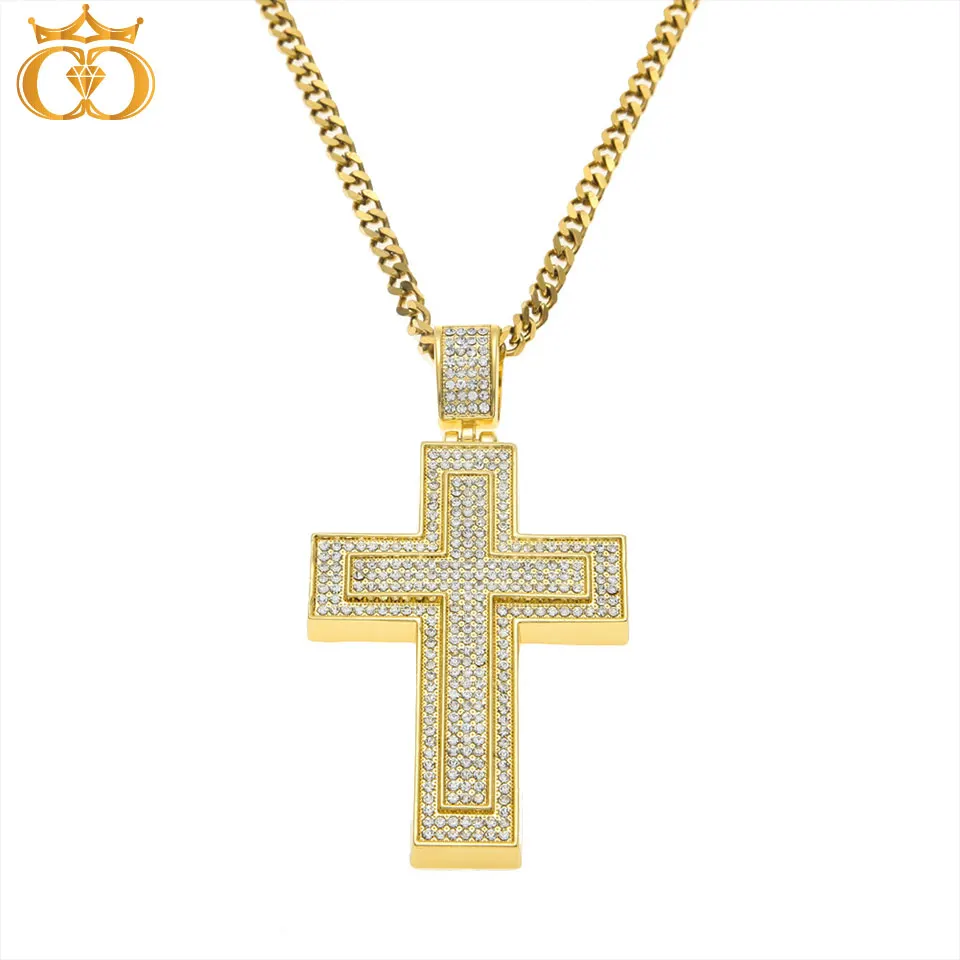

Men Hip hop iced out Jewelry Gold Cross Pendant Alloy Full CZ Rhinestone Crystal Metal Pendant Necklace Rope/Cuban Chain CN0112