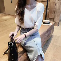2019 женская блузка летняя модная однотонная с v-образным вырезом с коротким рукавом на пуговицах шифоновая белая блузка топы OL style