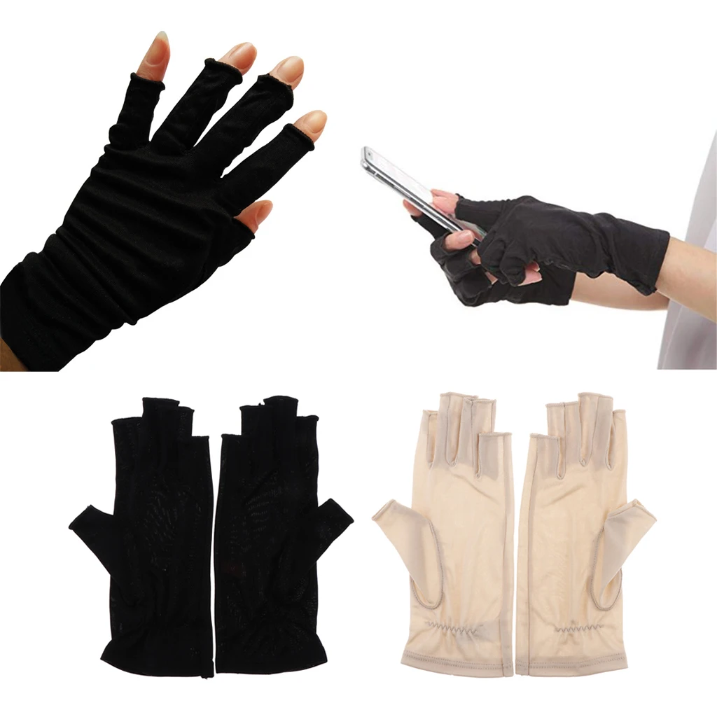 1 Pair Silk Retro Black Beige Womens Stretchy Half Finger Gloves, Soft thin lightweight UV Sun Protect Fingerless Short Gloves