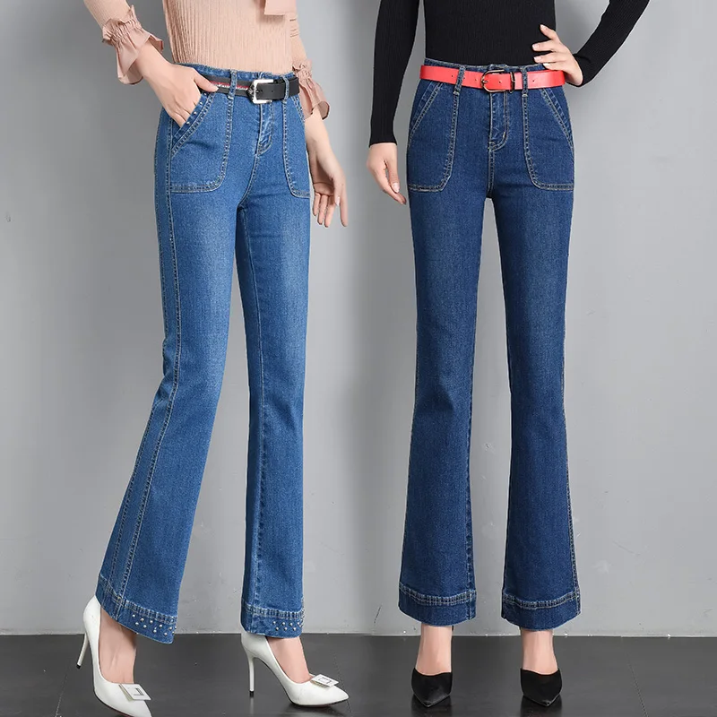 

2019 Fashion Slim High Waist Jeans Femme Beading Push Up Women Jeans Mujer Plus Size Casual Flare Pants
