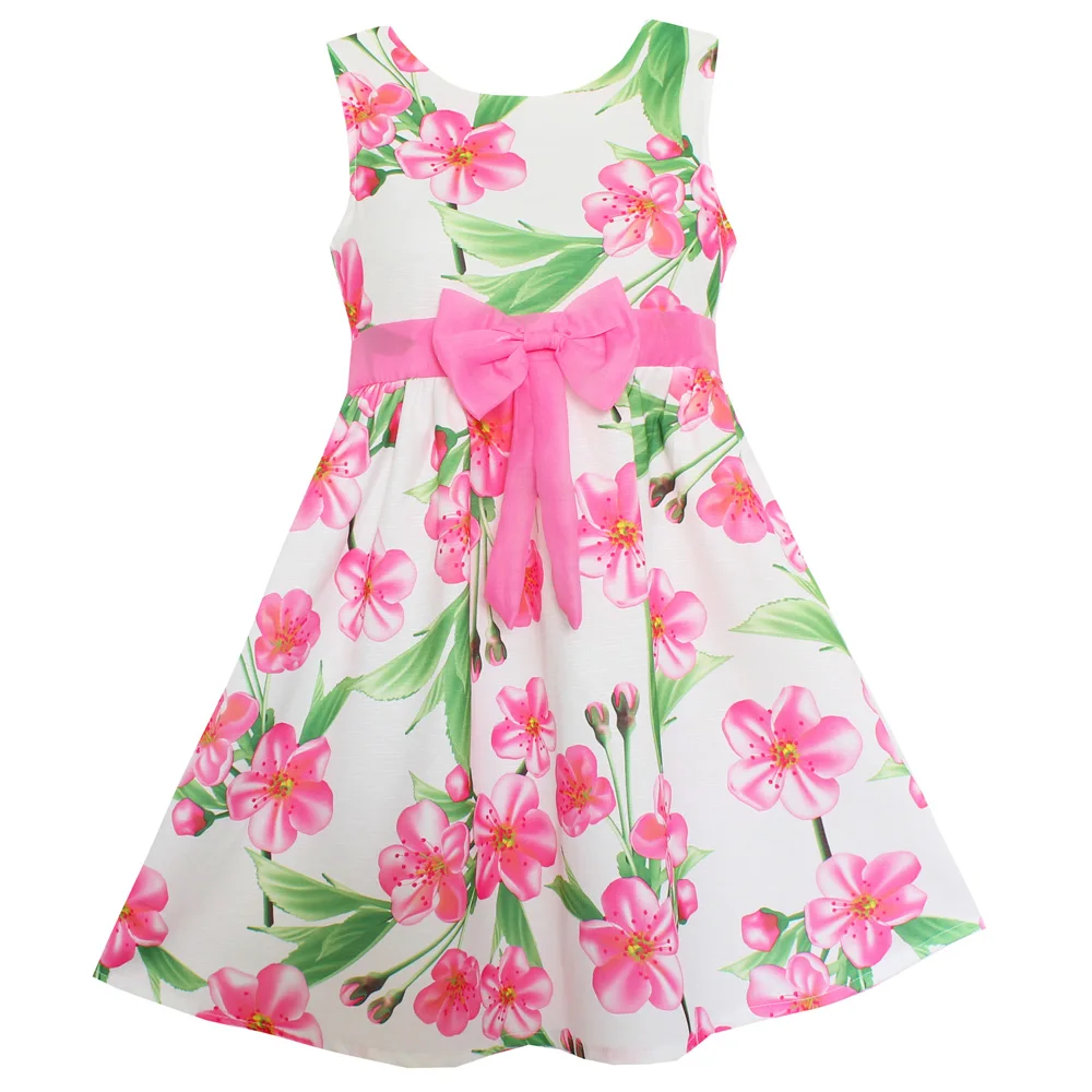 Shybobbi Summer Girls Pink Peach Blossom Flower Dresses Bow Party