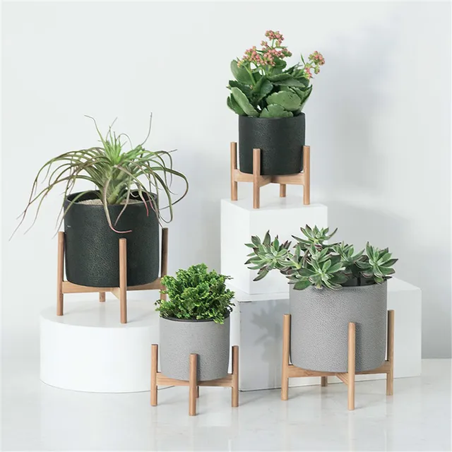 Decorative Geometric Wood Rack Holder Desktop With Cement Planter Decorative Geometric Wood Rack Holder Desktop With Cement Planter Garden Succulents Concrete Flower Pot Plants