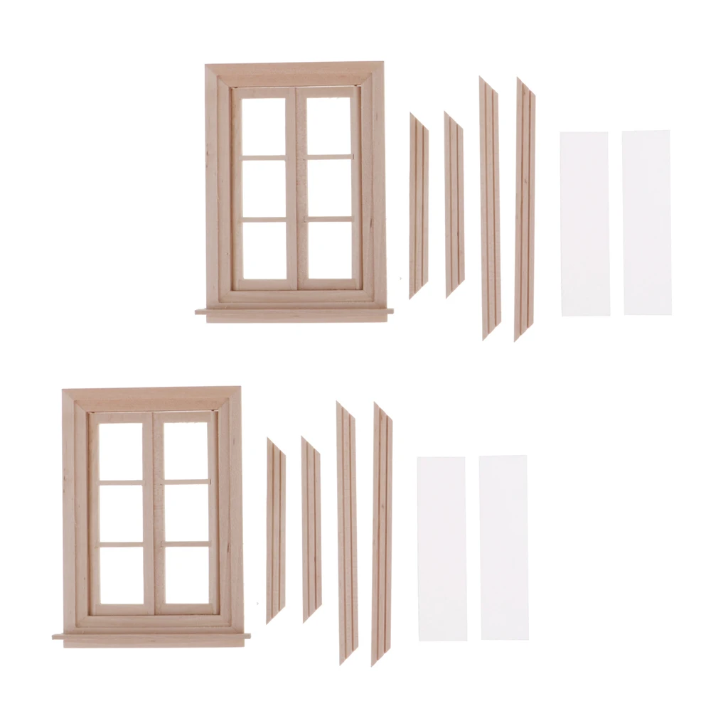 2 Set Unpainted 1/12 Dolls House Miniature Wooden Movable 6 Pane Double Window Model DIY Accessories Collections