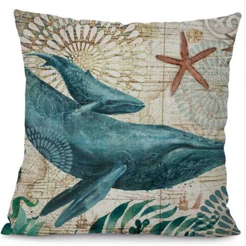Sea Turtle Printed Cotton Linen Cushion Cover Marine Ocean Sea Horse Home Decor Pillowcase Octopus Sofa Cushion Case