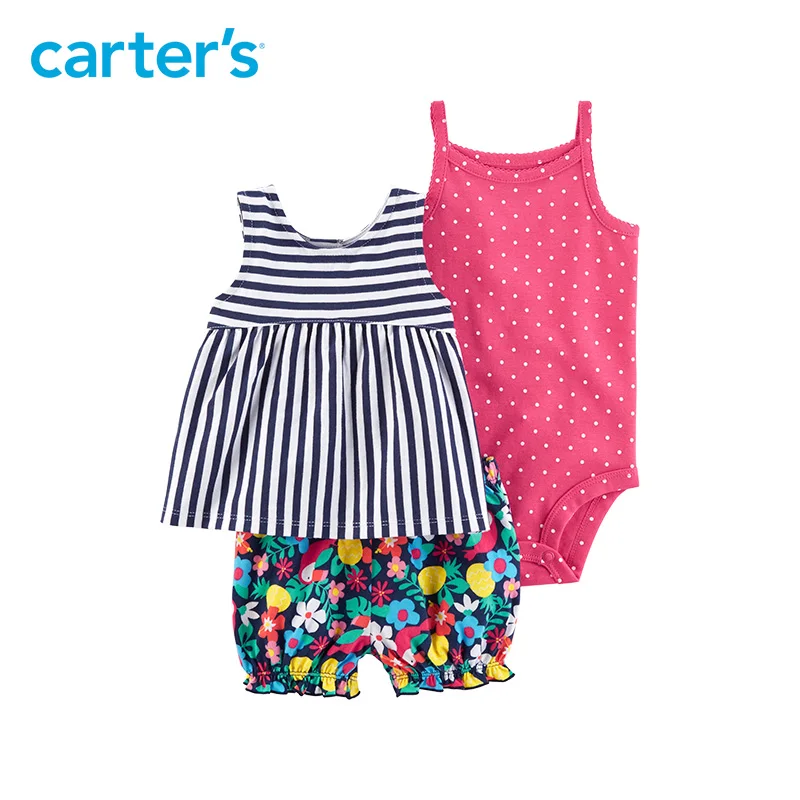 

3pcs stripes, polka dots and floral Bodysuit, tee and Diaper Cover Set Carter's baby girl Summer clothing sets 121I413