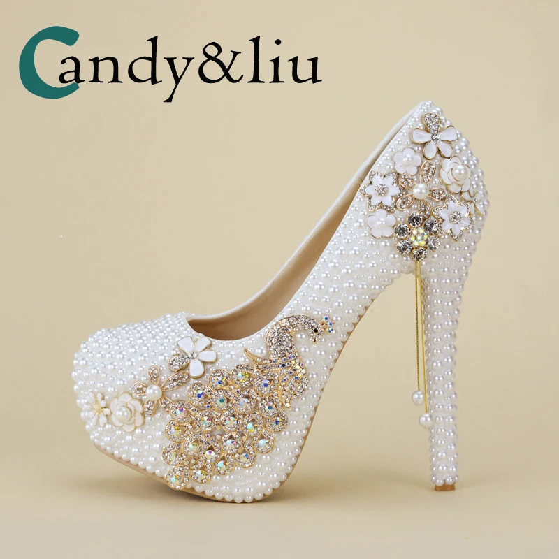 White Pearl Crystal Wedding Shoes Photo Studio Round Hed High Heels for Bride Evening Dress 