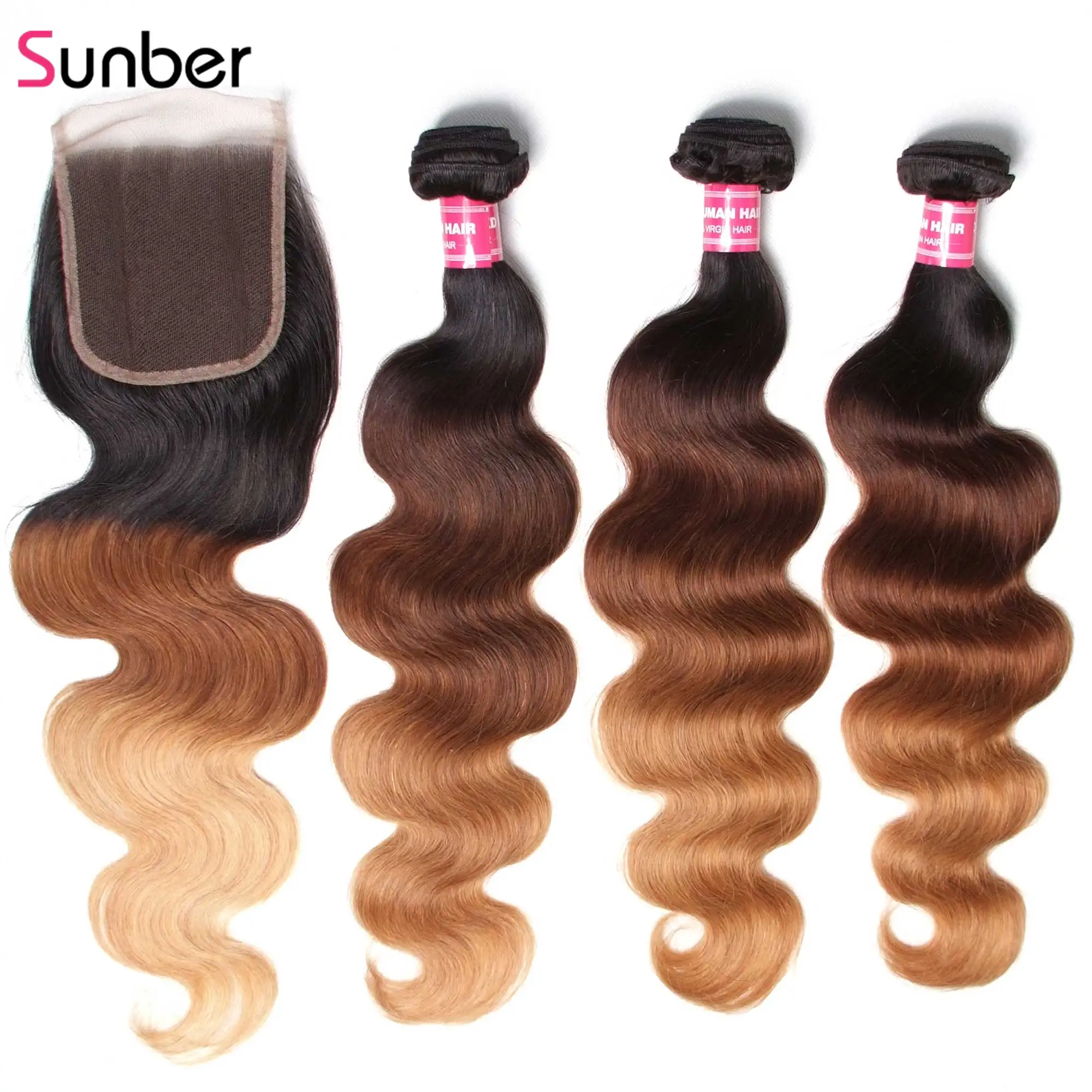 Sunber Hair 3/4 Ombre пряди с закрытием Remy человеческие волосы для наращивания 16-26 дюймов T1B/4/27 Pervuian пряди волос с закрытием