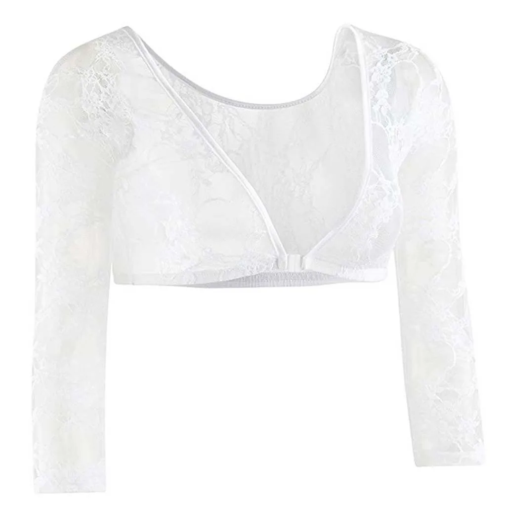 Бесшовный сексуальный укороченный топ, корректирующий руку, футболки, женские кружевные топы с v-образным вырезом, перспективный кардиган, femme camisetas mujer - Цвет: White