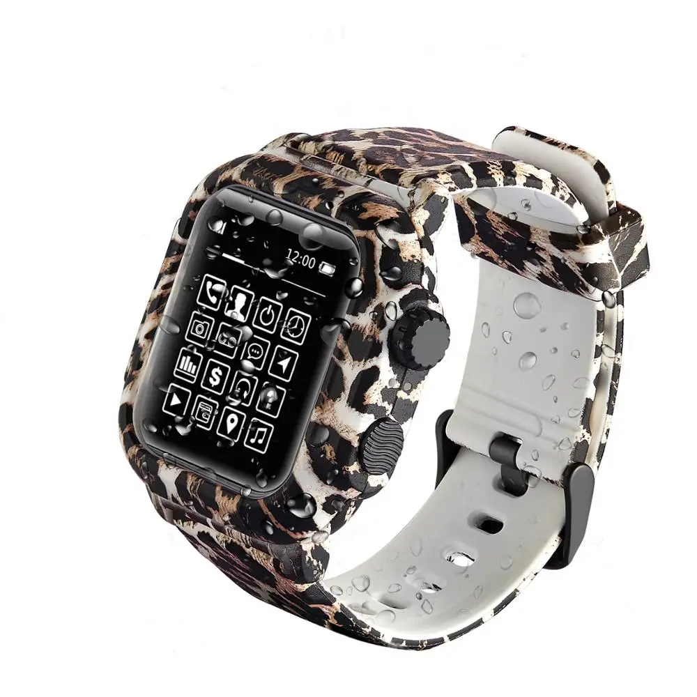 

Silicone Sports Strap for apple watch band 42mm bracelet with TPU Face Protective watch Case for apple watch 4 band 44mm Leopard