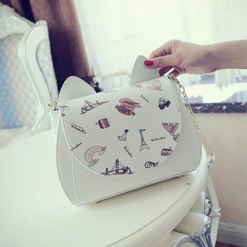 

50pcs/lot New Fashion Cat Ear Print Chain Shoulder Bag Handbag Leather Women Messenger Crossbody Small Bag