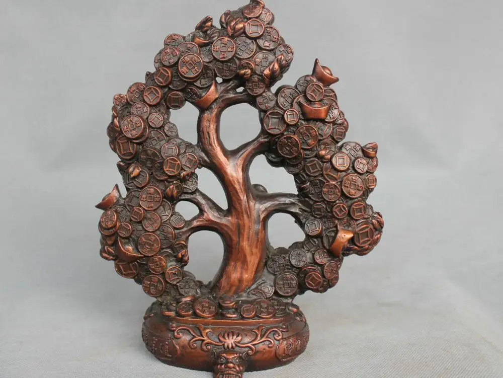 

10'' China Fengshui Bronze Money Tree Coins Yuanbao Ingot Blessing Statue