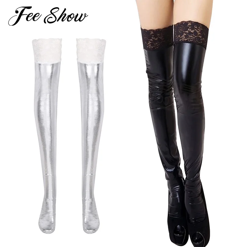 Woman Erotic Sexy Lingerie Fetish Latex Stockings Wet Look Patent