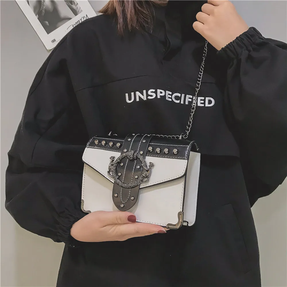 Женская Корейская сумка в стиле панк с заклепками, женская сумка через плечо из искусственной кожи, модная сумка на плечо, маленькая сумка-мессенджер с цепочкой, квадратная посылка 7,5#5