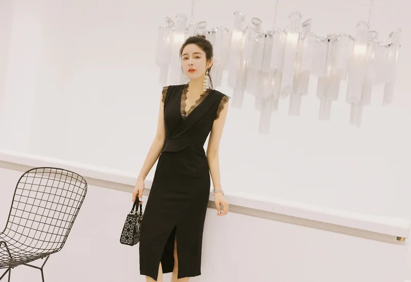 Летнее кружевное лоскутное винтажное облегающее платье, Черное женское платье без рукавов с v-образным вырезом, офисное женское сексуальное платье для вечеринки vestidos