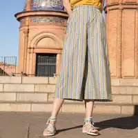 Inman 2019 summer new arrival high waist casual pant loose style cotton wavy striped print three quarter wide leg pants