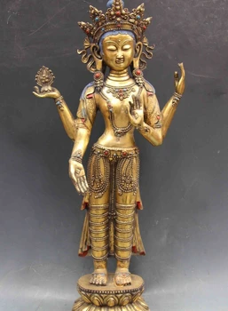 

Chinese folk bronze Gilt Lotus Four Arm Hands Bodhisattva Kwan-Yin Buddha statue