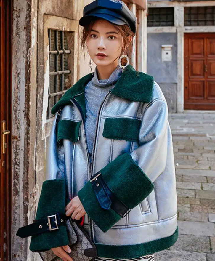 Cuir Couleur Métal Zipper Fourrure 1 Manteau Imitation Pu Mode Coréenne De Épaississement Pardessus Argent En Rue Femmes xPwFCqRHE