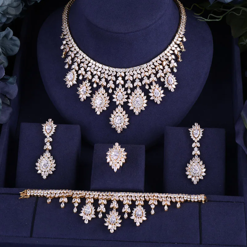 BRILLIANT CRYSTAL ZIRCON EARRINGS AND NECKLACE BRACELET RINGS FULL SET JEWELRY SET WEDDING DRESS ACCESSARIES