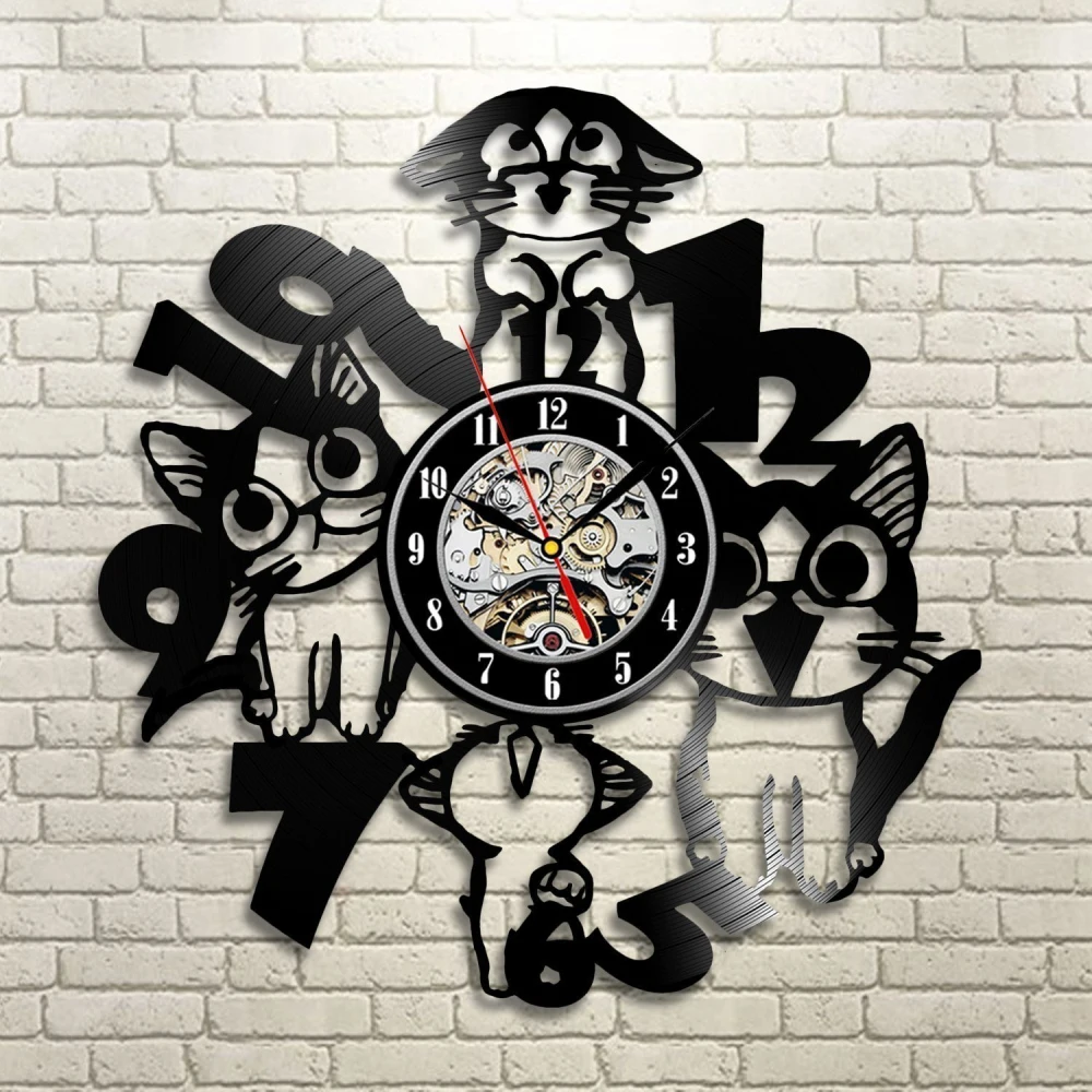1Piece Crazy Cats Creative Vinyl Record Wall Clock Cute Gifts Handmade