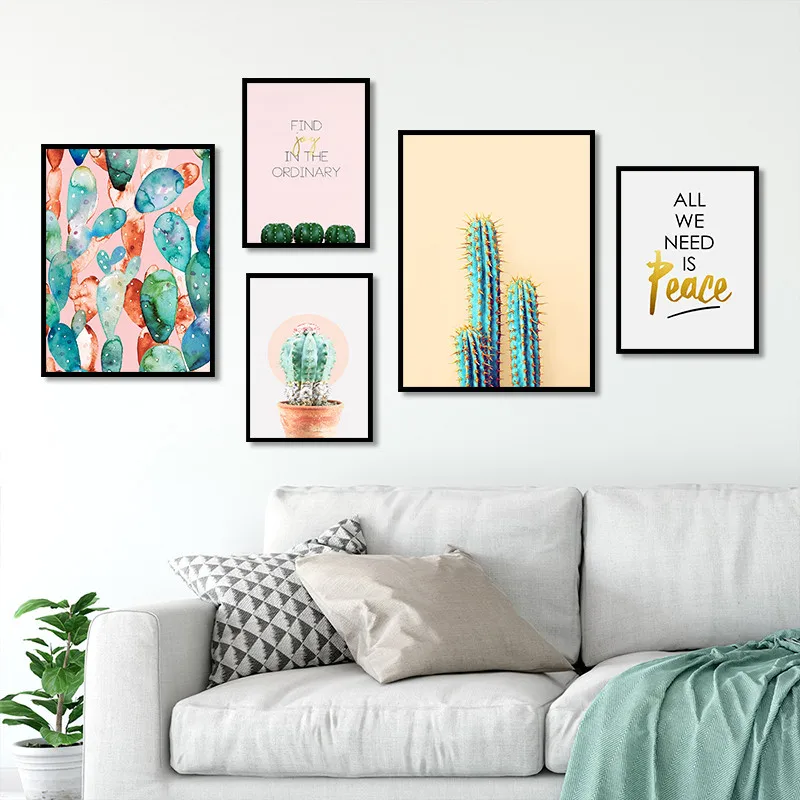 

Hot sale Nordic style Black golden yellow Letter Cactus Art Canvas Poster and Print Canvas Painting Decorative Wall Decor P0020