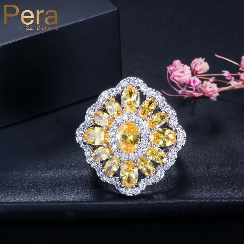 

Pera High Quality Silver Color Women Jewelry Austrian Yellow Crystal Stone Pave Setting Evening Party Finger Rings For Gift R036