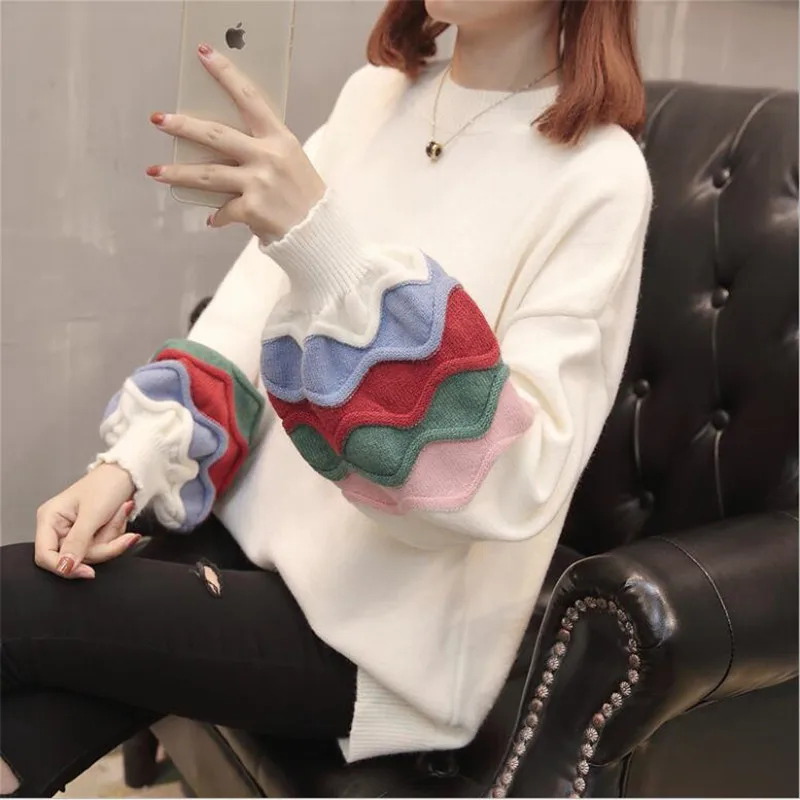 

2019 autumn and winter new loose round neck color wide-sleeved sweater hem hole lazy wind pullover sweater women