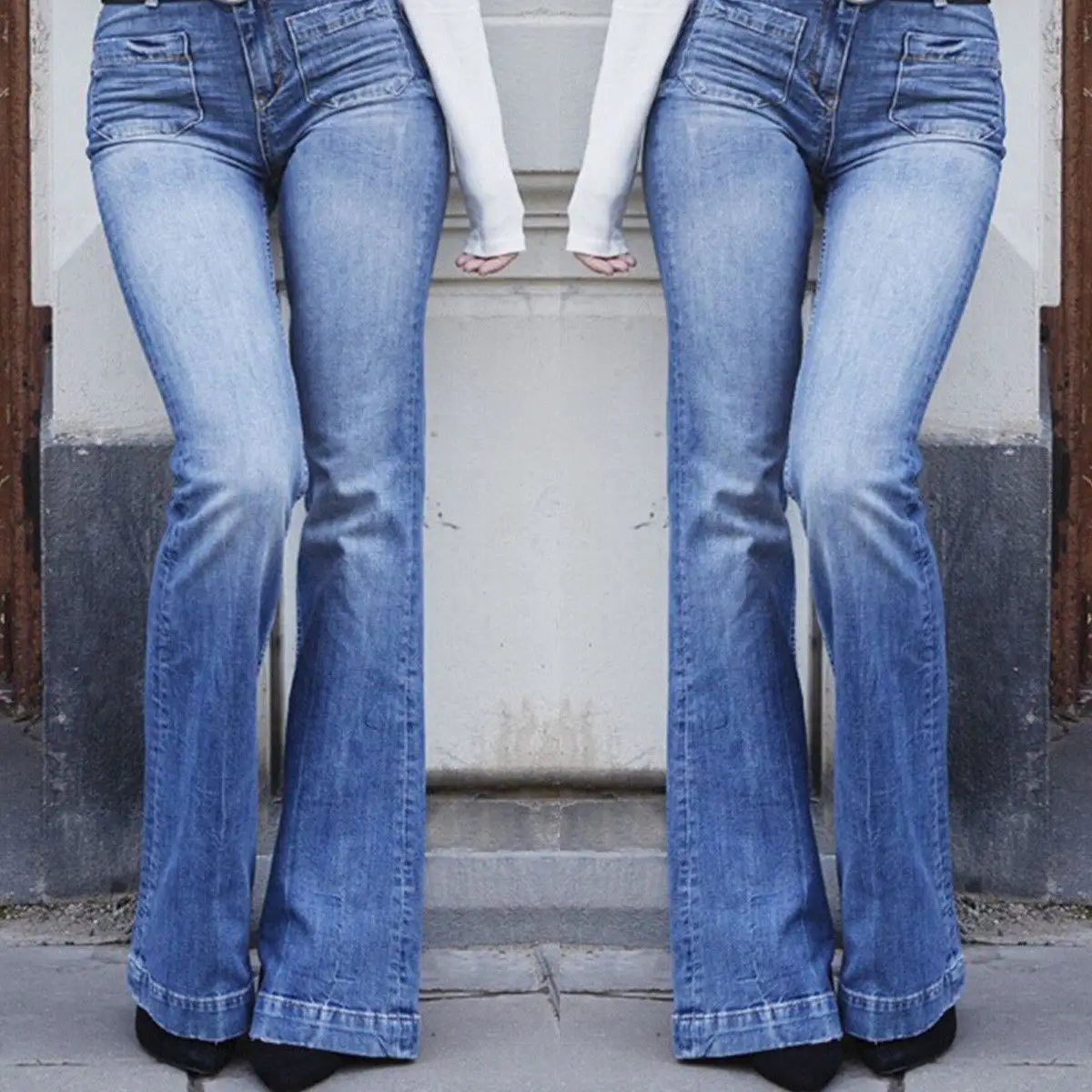 Для женщин высокая талия джинсовые расклешенные брюки Модные женские джинсовые Fit карман длинные брюки для девочек демисезонный мотобрюки
