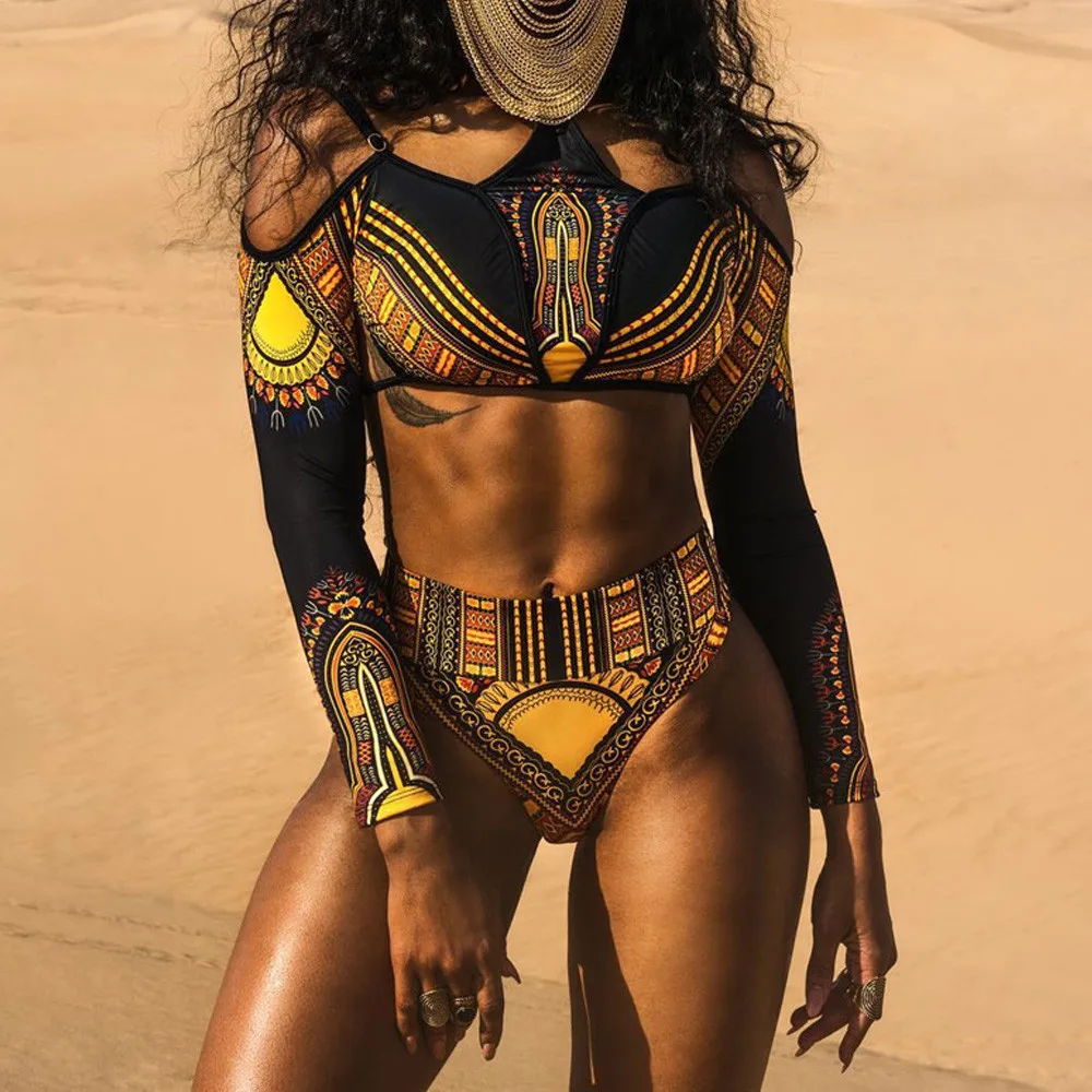 

Women Retro Ethnic Style Bikini Set Long Sleeve Print Monokini Push Up Padded Bra Swimwear Swimsuit Set mar26