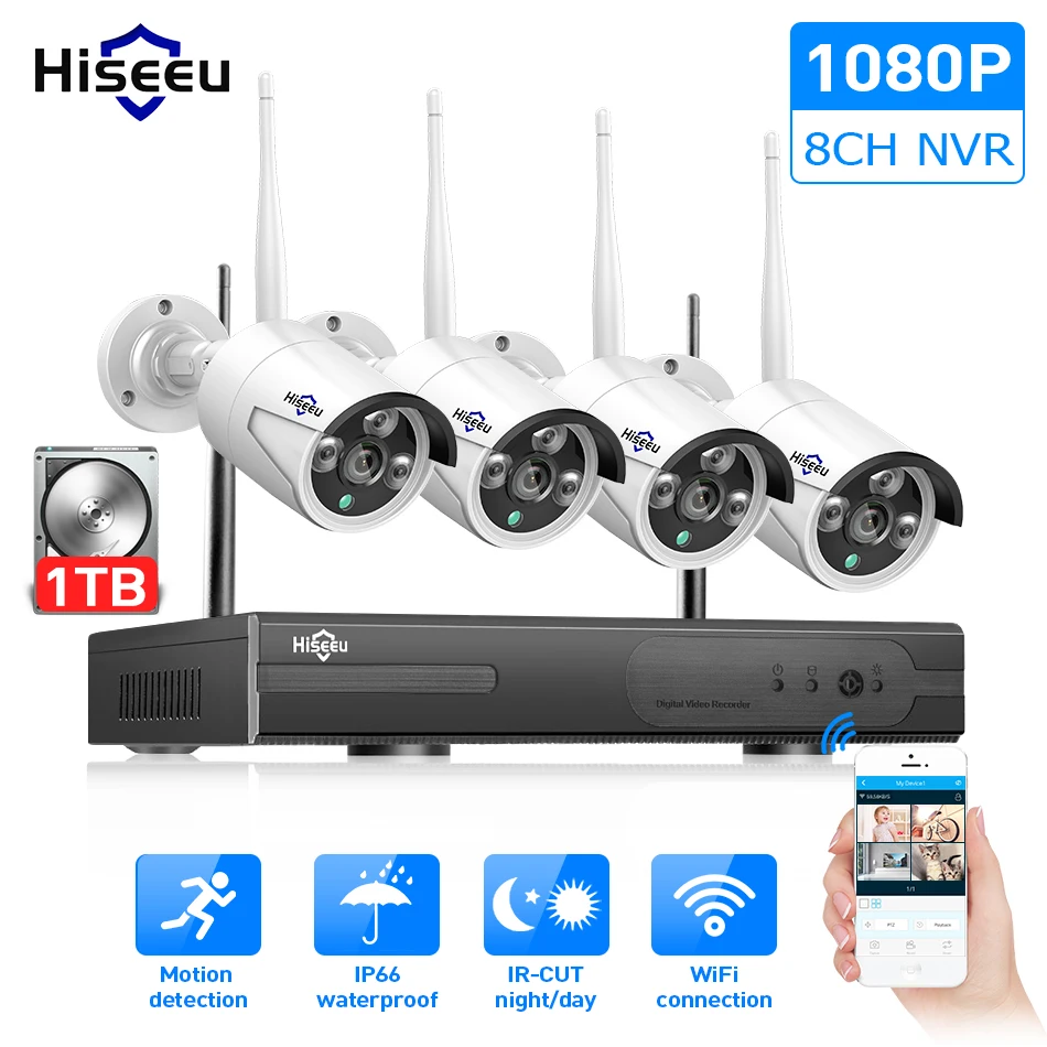 Беспроводная система видеонаблюдения Hiseeu 8 каналов 1080P ТБ HDD 2 Мп сетевой