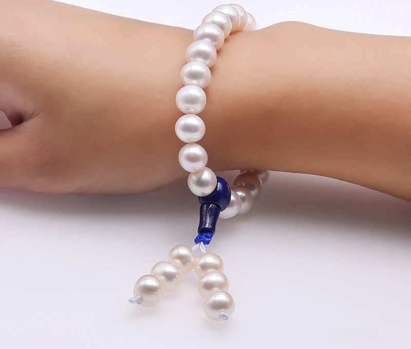 

Pearl Bracelet Prayer Beads Cultured Freshwater Pearl Buddhist Bracelet with Blue Agate-Tibetan Buddhism Jewelry(9-10mm,7")