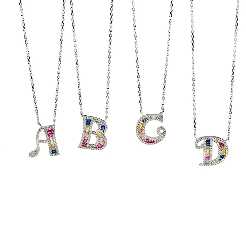 

Fashion Multicolor Zircon Name Initial Letter A-Z Pendant 925 Sterling Silver Colorful Charm Alphabet Necklace for Women Girls