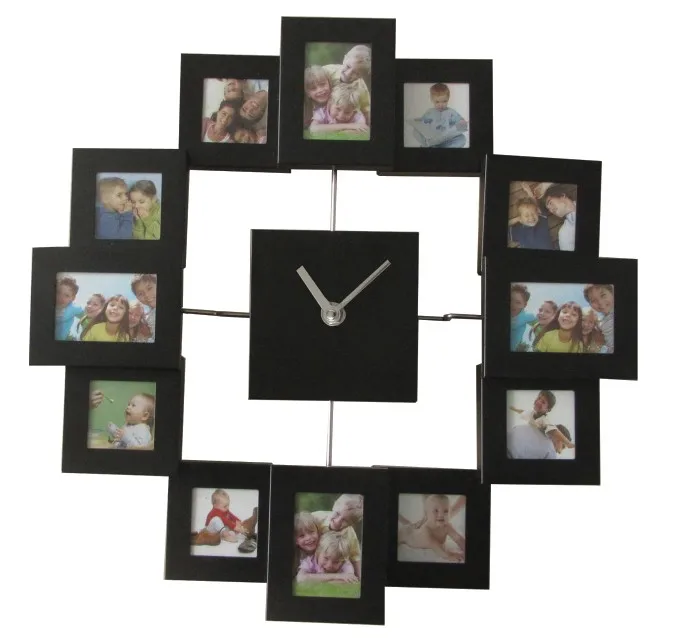 Современный дизайн фоторамка часы с 12 картинами большие декоративные металлические настенные часы для гостиной художественный Декор Horloge Murale - Цвет: Черный