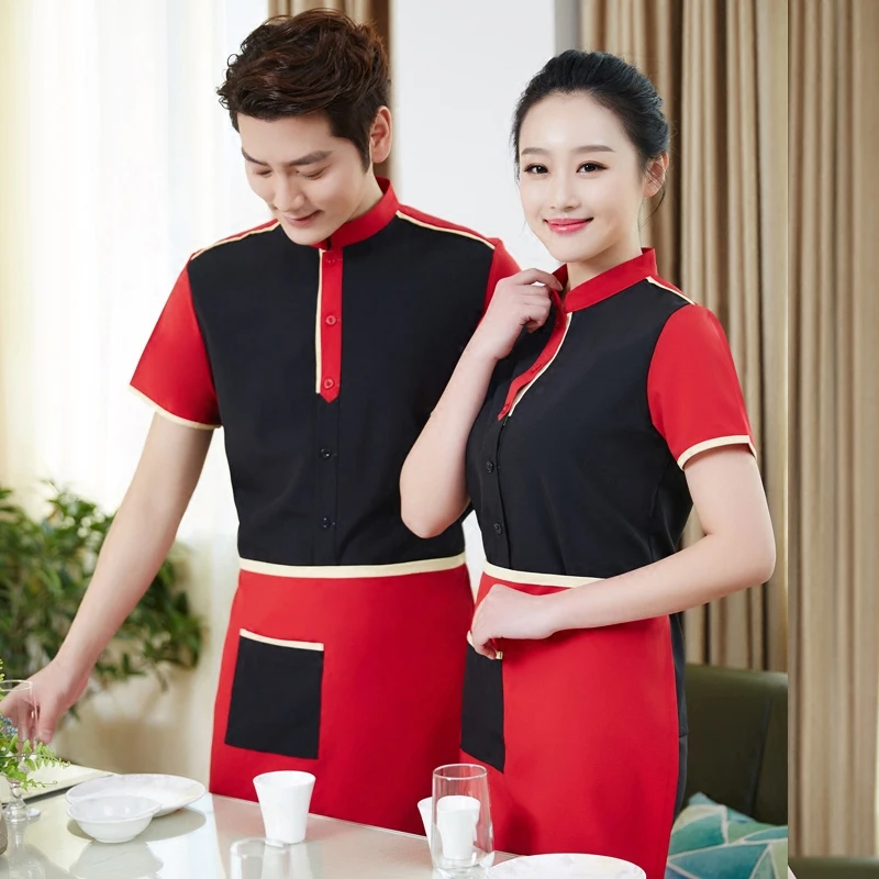 

Hotel Uniform Summer Female Restaurant Overall Waiter Hot Pot Short Sleeved Clothing Chinese special red black work clothes J111