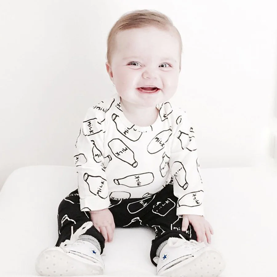 Infant Boys clothes set Pattern Letter Milk Long sleeve Top pants 2pcs