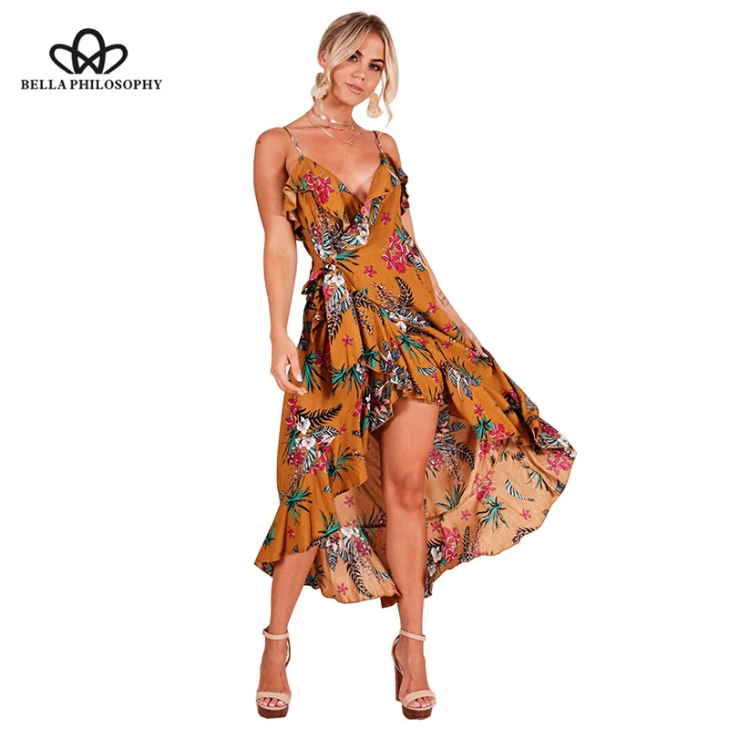 

Bella Philosophy summer asymmetrical floral print ruffles female dress casual spaghetti strap v neck high waist women vestidos