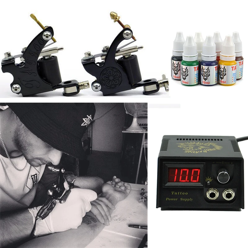 Professional Tattoo kit 2 Tatoo Guns 7 Color Inks complete tattoo