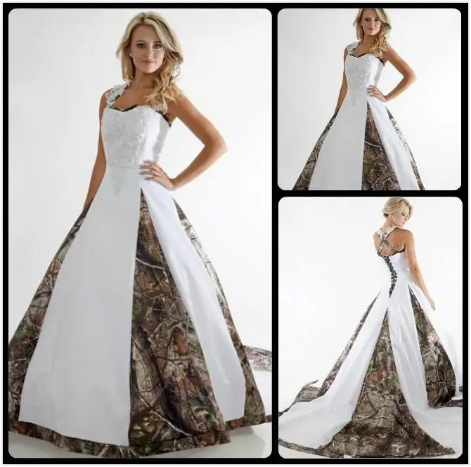 

Elegant Camo Wedding Dresses 2017 Lace Straps Criss Cross White Camouflage A Line Bridal Dress Chapel Train casamento