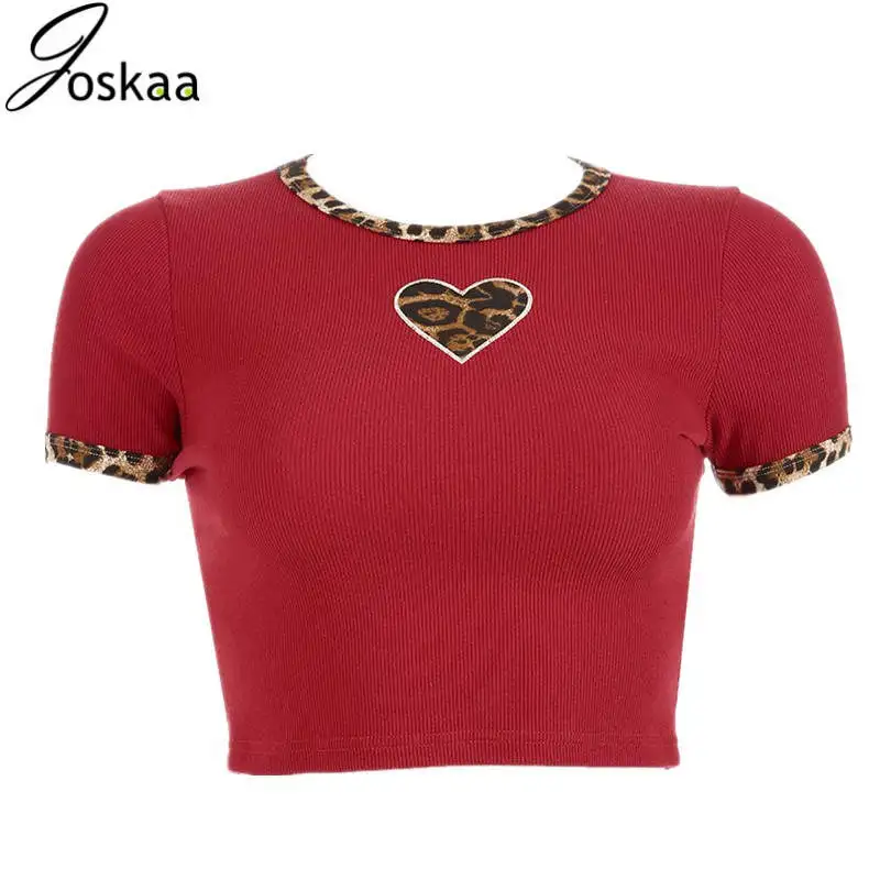 

Joskaa Fashion red ribbed female t-shirt leopard print patchwork heart t shirt women crop tops slim summer tee shirt femme